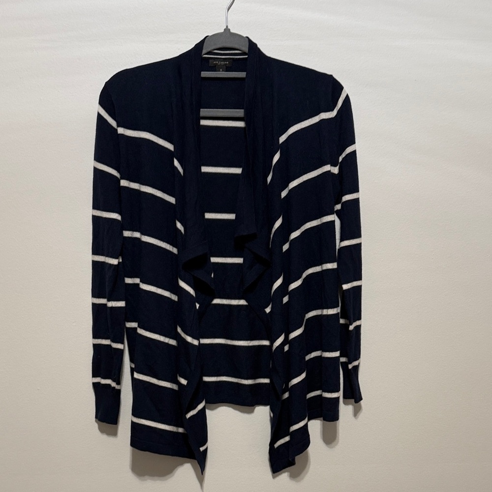 Ann Taylor Navy and White Striped Open Drape Cardigan